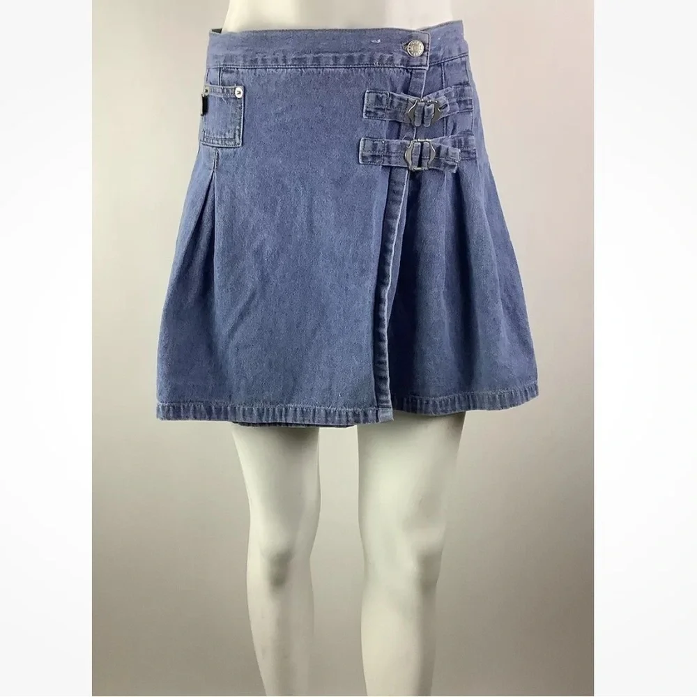 Vintage 90's Revolt Denim Sz M Flare Mini Skirt Blue 100% Cotton Buckled